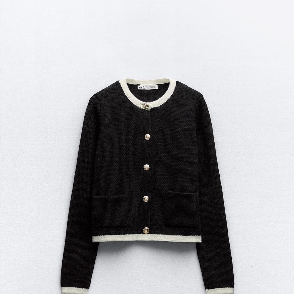 Zara Black Knit Cardigan Jacket with Cream Trim